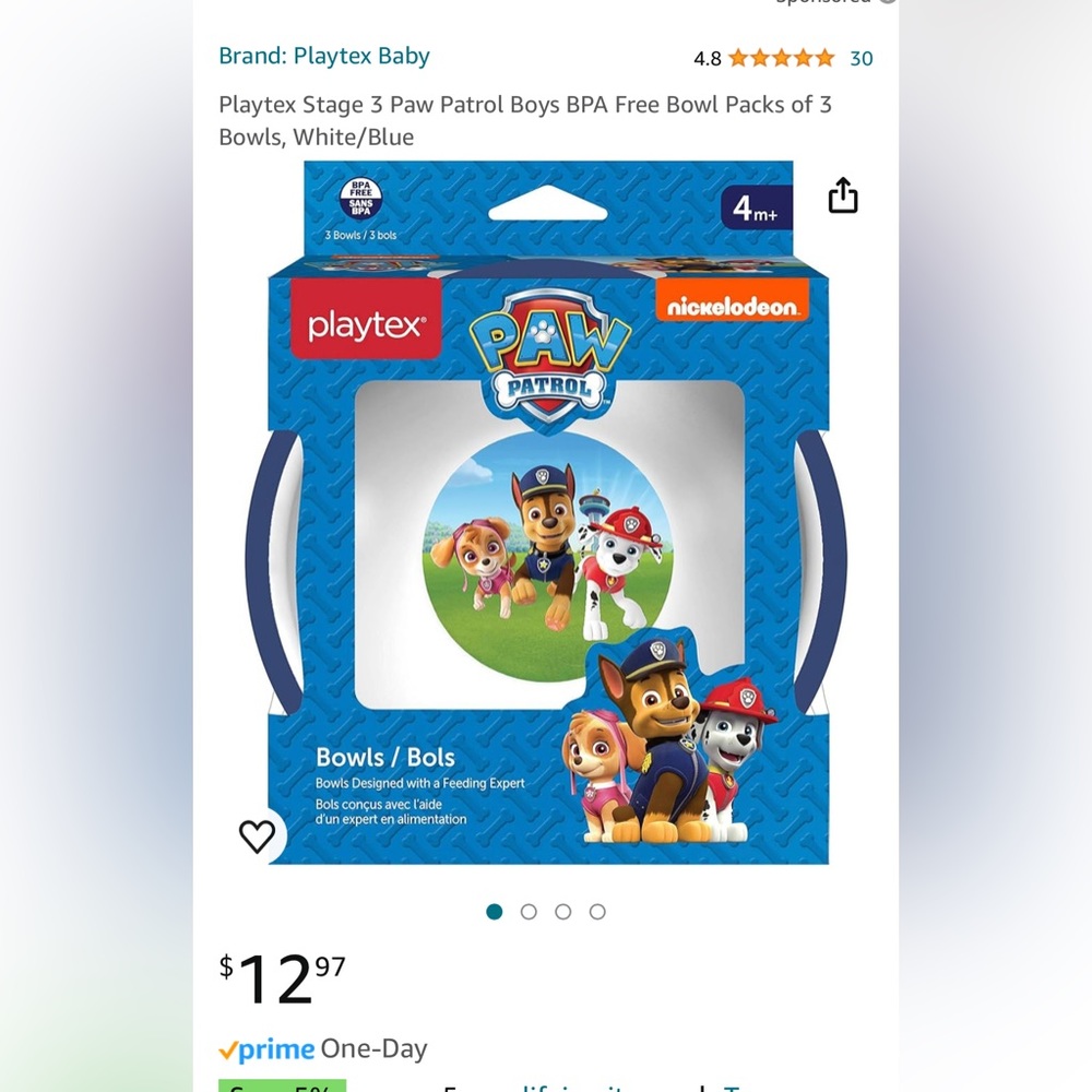 4 packs - playtex paw patrol bowls